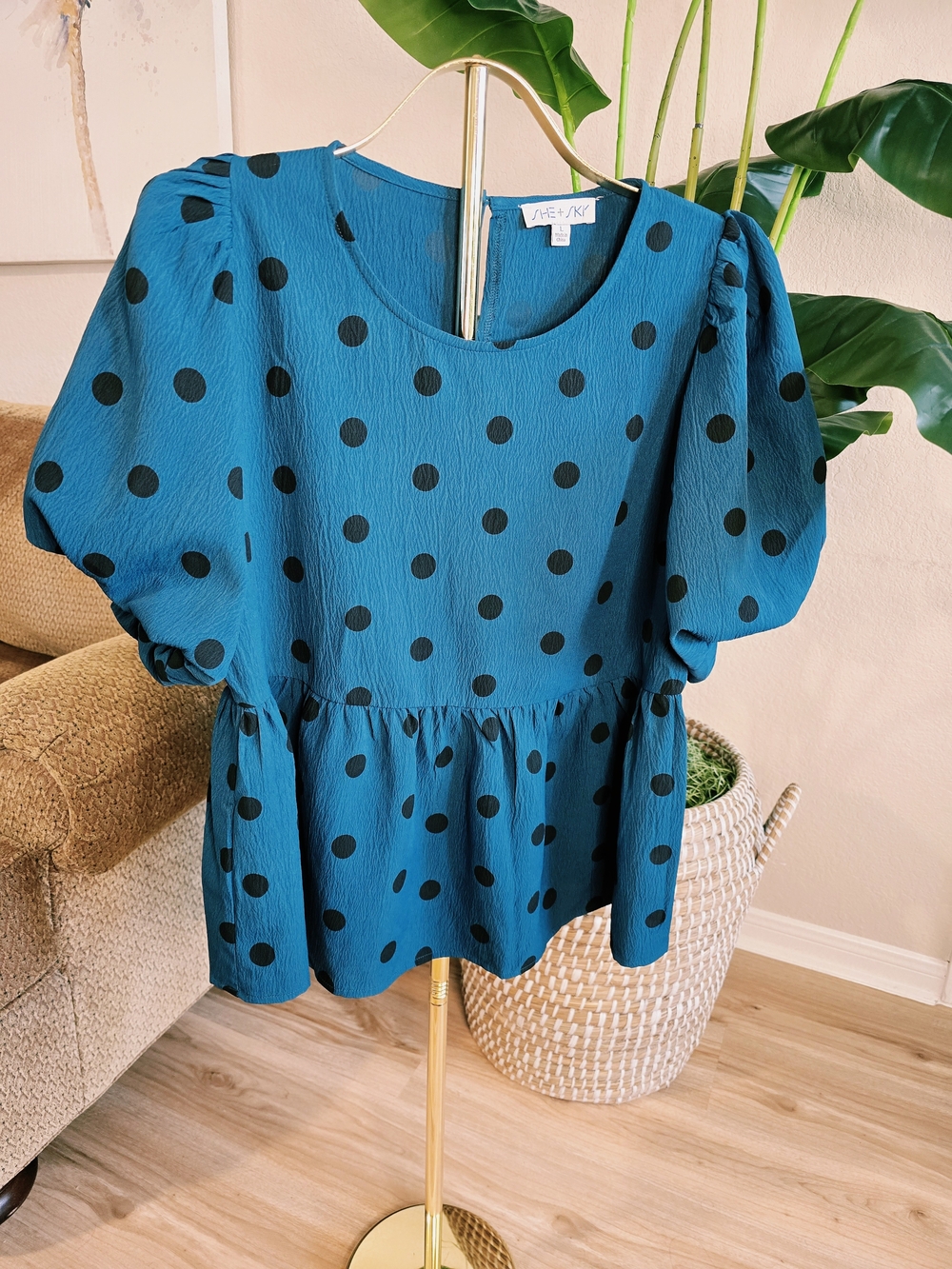 She + Sky Teal Black Polka Dot Puff Sleeve Peplum Blouse